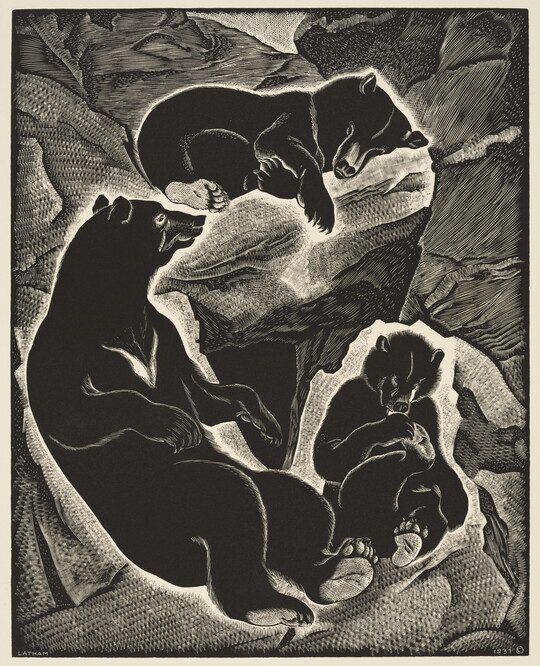 A black-and-white print of a black bear and two cubs napping on rocks.