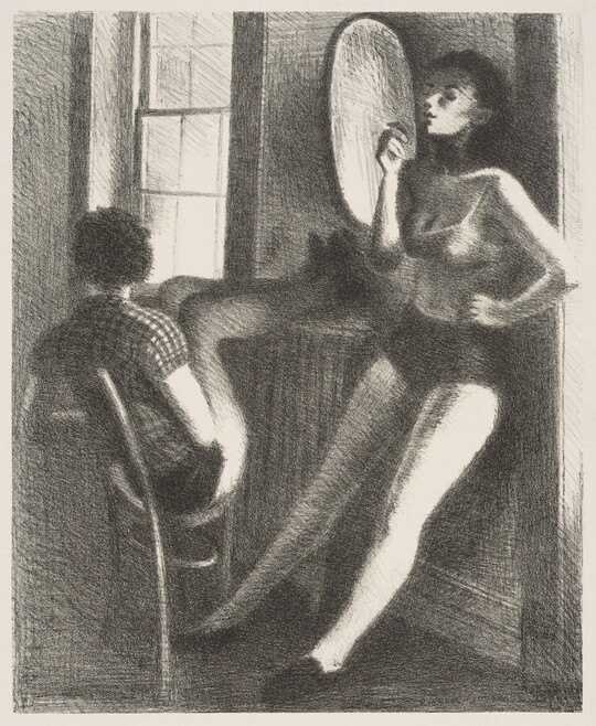 A black-and-white print of two White women: one standing and smoking a cigarette, the other on a chair with her feet propped on a radiator.