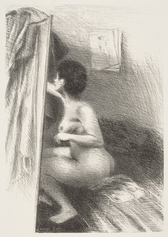 A black-and-white print of a seated nude White female, her back to the viewer, reaching toward a piece of fabric.