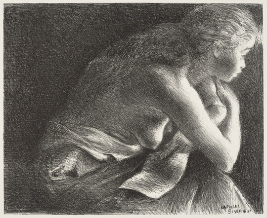 A black-and white print of a seated White female looking to the right with long wavy hair down her back and her dress slipping to reveal a bare breast.