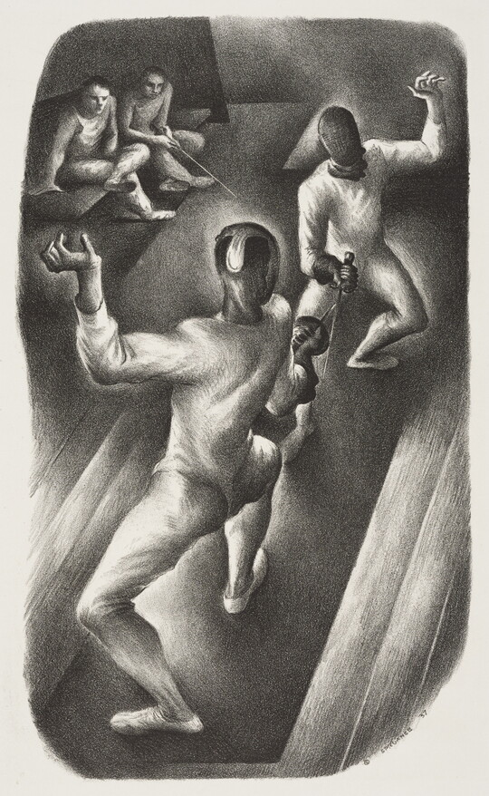 A black-and-white print of two people in fencing uniforms engaging each other with swords as two others watch.