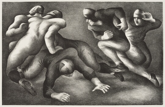 A black-and-white print of men in football uniforms running and tackling on an unmarked, unidentified field.