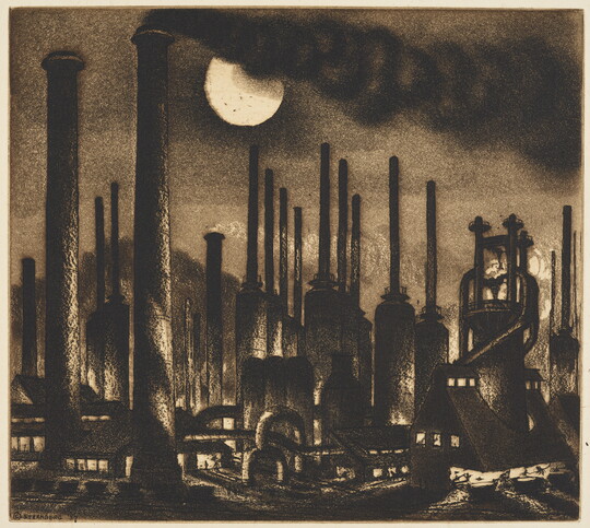 A black-and-white print of an industrial complex with many smokestacks billowing smoke on a night with a bright full moon.