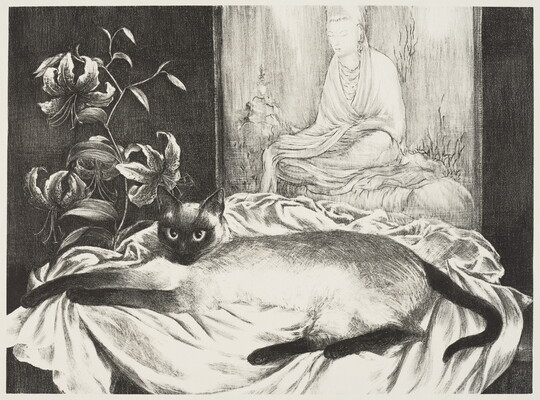 A black-and-white print of a Siamese cat reclining on a piece of fabric near lilies and an Asian artwork.