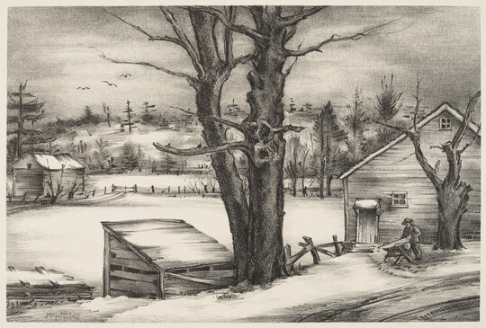 A black-and-white print of a man sawing wood next to a house on an open field, all covered in thick snow.
