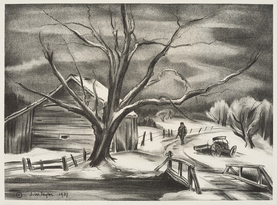 A black-and-white print of a person walking down a road past a wooden barn and a large, bare tree on a snowy, overcast day.