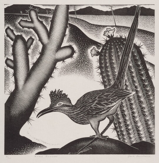 A black-and-white print of a roadrunner in front of cacti with powerlines and mountains in the distance.