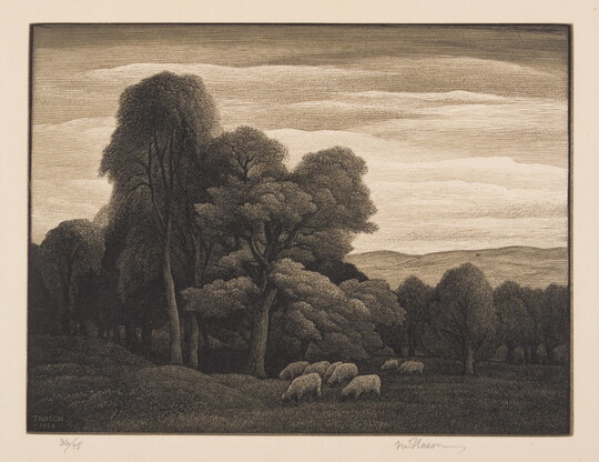 A black-and-white print of sheep grazing in a field in front of a forest. 