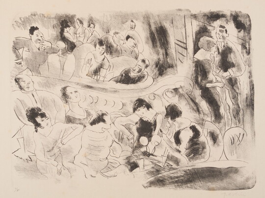 A black-and-white print illustrating a large group of men and women sitting and conversing in a nightclub.