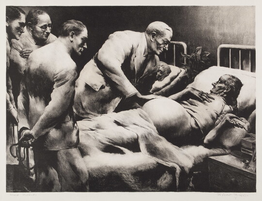 A black-and-white print of an older person lying in a hospital bed surrounded by four White male doctors dressed in suits.