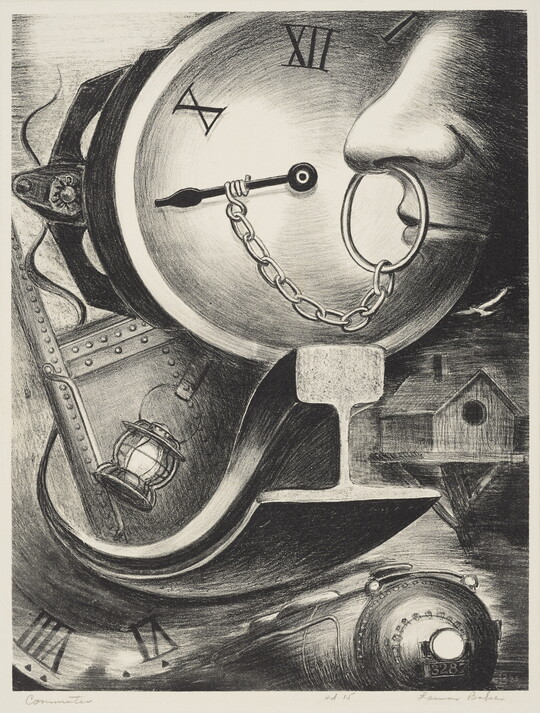 An abstract black-and-white print of a clock face, the hand chained to the septum of a nose, surrounded by a lantern, train, and birdhouse.