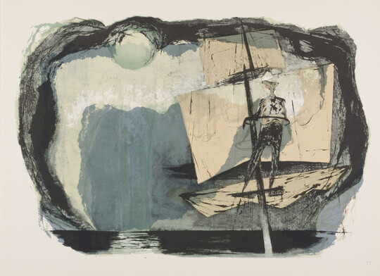 An abstract color print of a figure standing on the mast of a sailing ship, with muted blue, white, and black shapes and sketch marks in the background.