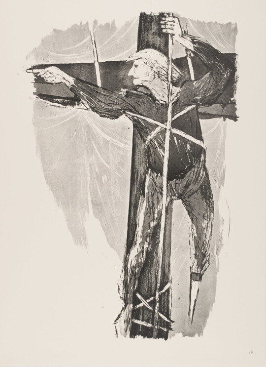 A black-and-white print of a White man tied to the mast of a ship, holding ropes with one hand and pointing to the left with the other.