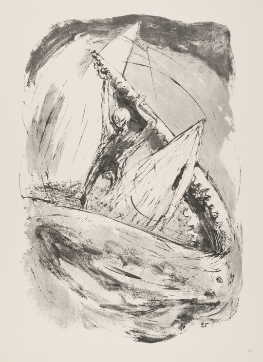 A black-and-white sketchy print of a man and his boat in mouth of a sea creature; the man is prying open its jaw.