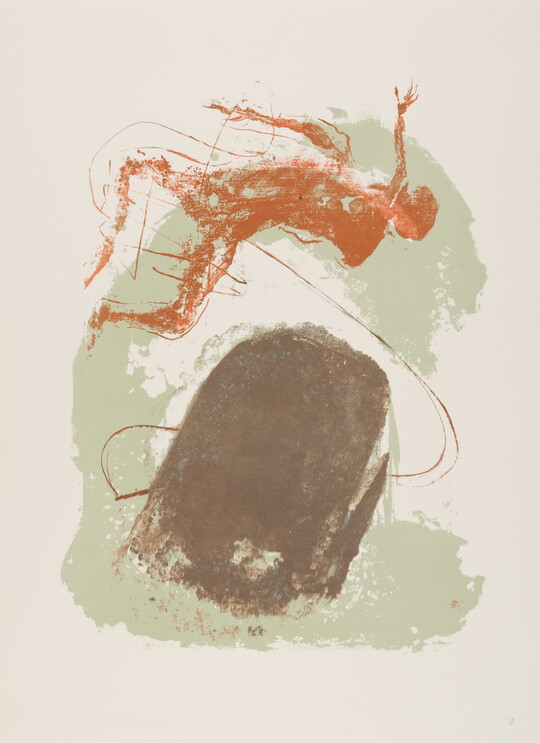 An abstract color print of a red human figure on its back placed above the head of a brown whale.