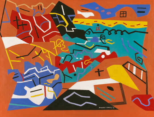 An abstract oil painting of multicolored shapes and lines colliding together on an orange background.