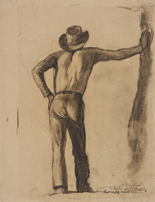 A black-and-white drawing of a man wearing a cowboy hat, his back to the viewer, right arm extended out to lean against a wall.