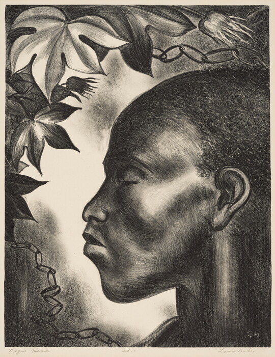 A black-and-white portrait of a Black person's face in profile, hair short and eyes mostly closed, surrounded by a chain and flowers.