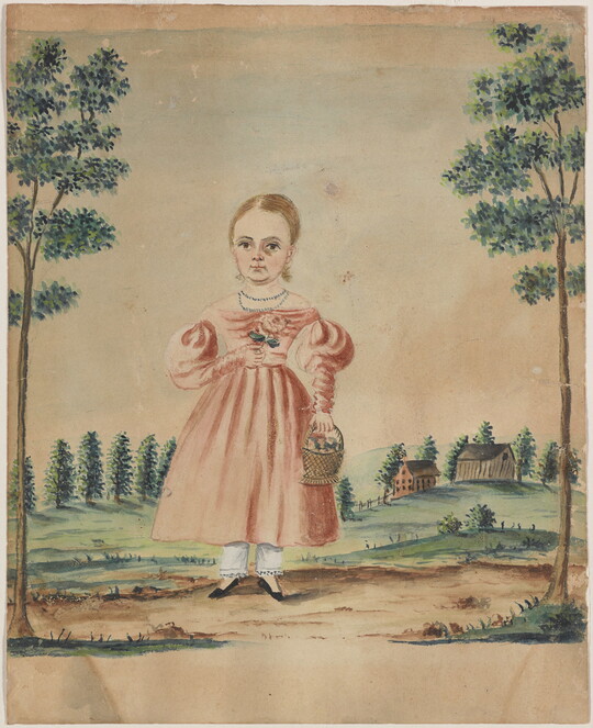 A watercolor of a White child with blonde hair wearing a pink dress and holding a basket; a farm and trees in the background.