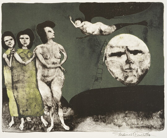 An abstract color print of three women, one nude, looking at a nude winged figure flying over a moon that has a serious expression on its face.