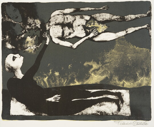 An abstract color print of a clothed figure lying down, reaching up toward a nude horizontal figure floating above it.