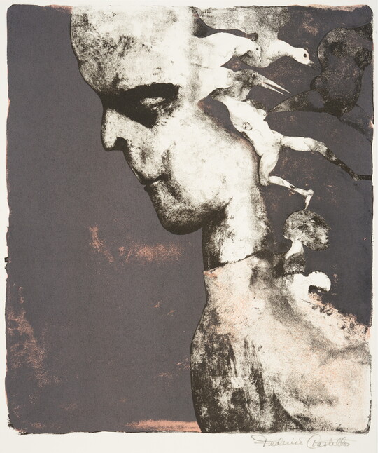 An abstract black-and-white print of a human in profile with animals and nude human figures appearing from the back of their head.