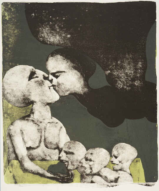An abstract muted color print of a seated nude person, three smaller figures at their lap, kissing a flying winged figure.