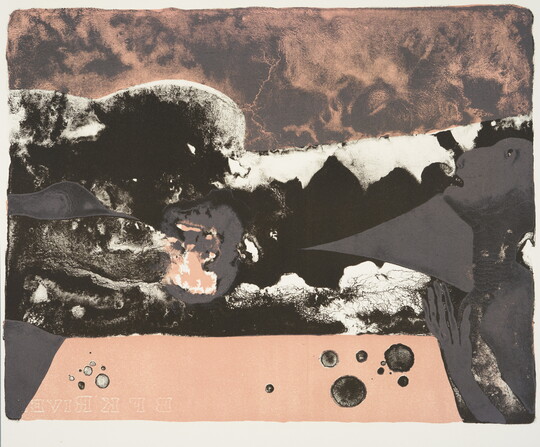 An abstract muted color print of a human figure looking up next to swirls and shapes in pink, white, and black.