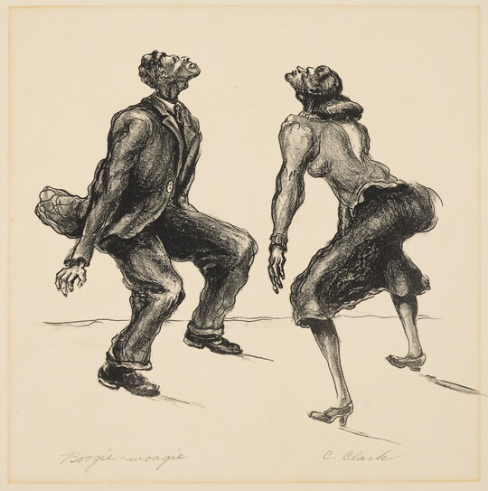 A black-and-white print of a Black man and woman dancing with legs and arms spread and heads turned up.