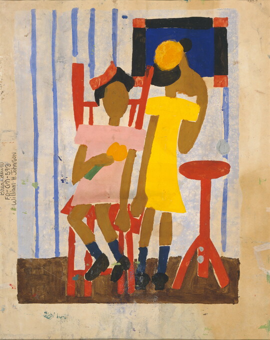 A watercolor of two dark-skinned girls: one seated in a red chair and wearing a pink dress; the other wearing a yellow dress and looking out a window.
