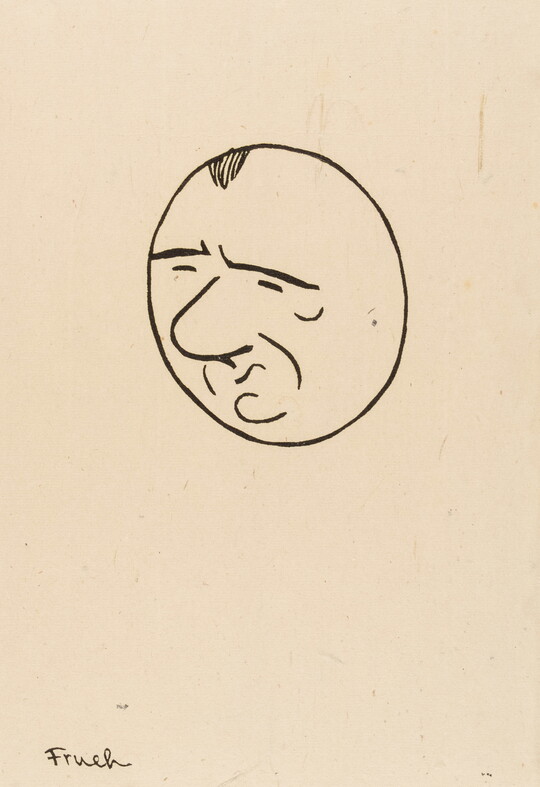 A black-and-white print of a simple line drawing: a circle containing squinting eyes, a bulbous nose, and a pursed mouth.