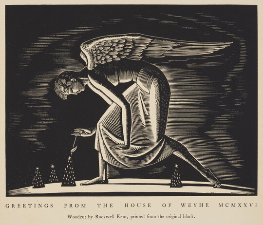 A black-and-white print of a stylized angel bending down to light the star atop a Christmas tree.