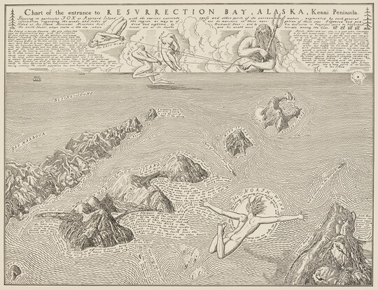 A black-and-white print of Resurrection Bay, Alaska, including Fox Island, with text that follows the waves under a block of text and illustrations of Triton and the winds.