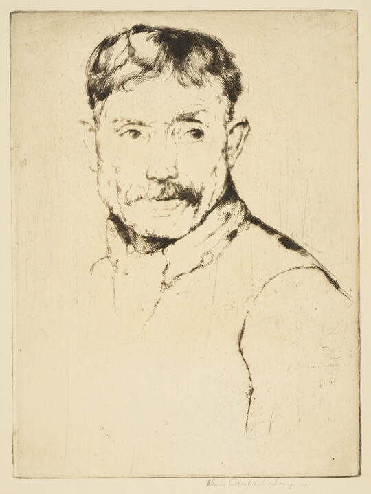 A black-and-white print portrait of a mustached White man from the shoulders up, looking off to the side.