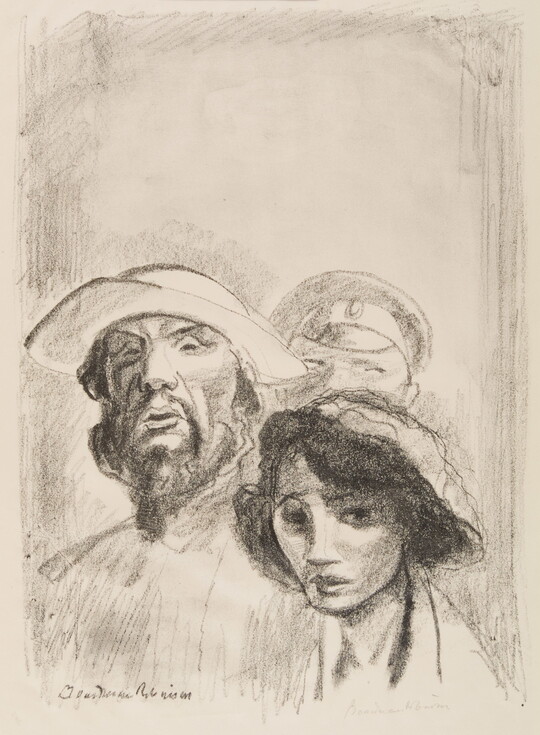 A black-and-white print portrait in a sketch-like style of three people, heads clustered together in a tight group.