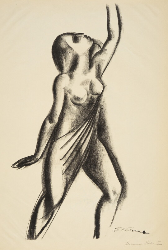A black-and-white print of a partially nude female figure in motion: holding her head back, reaching one arm up, and bending one leg.