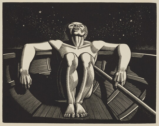 A black-and-white print of a nude man sitting in a rowboat leaning back to look at the night sky.