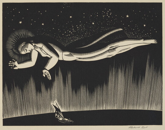 A black-and-white print of an angel flying in a starry night sky over a sailboat in the ocean.