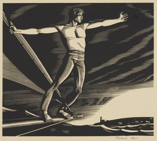 A black-and-white print of a shirtless White man standing on the boom of a sailboat holding on to a sail with one hand, the other outstretched. 