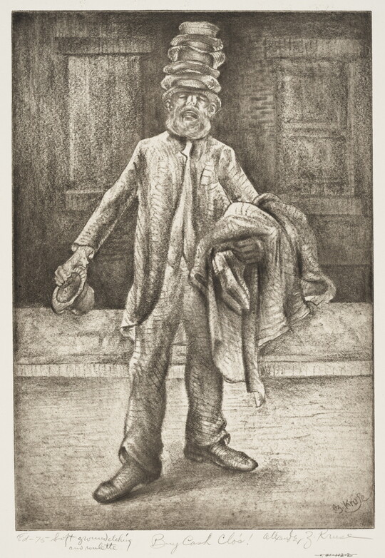 A black-and-white print drawing of a White man with many hats on his head, holding clothing over his left arm, standing on a sidewalk.