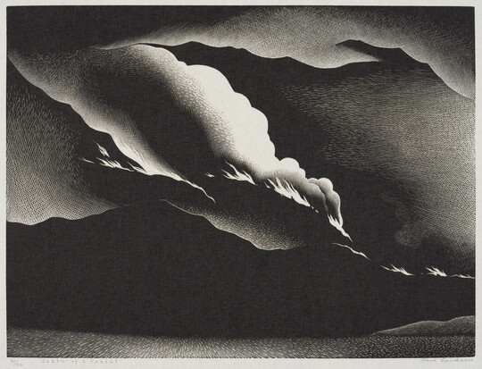 An abstract black-and-white print of a dark landscape with flames and smoke along the ridges of hills under a smoky sky.