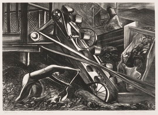 A black-and-white print of men shoveling coal into a conveyor belt machine.