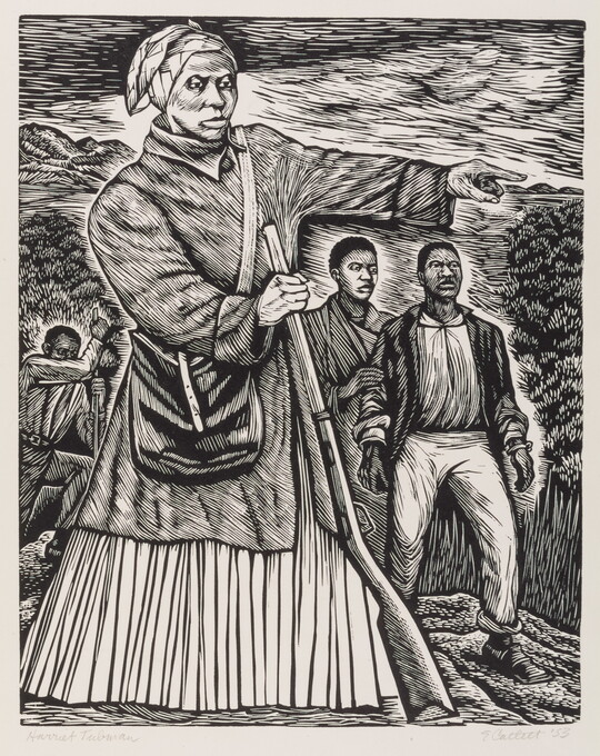A black-and-white print of a Black woman holding a musket as a walking stick pointing the way for three Black figures behind her.