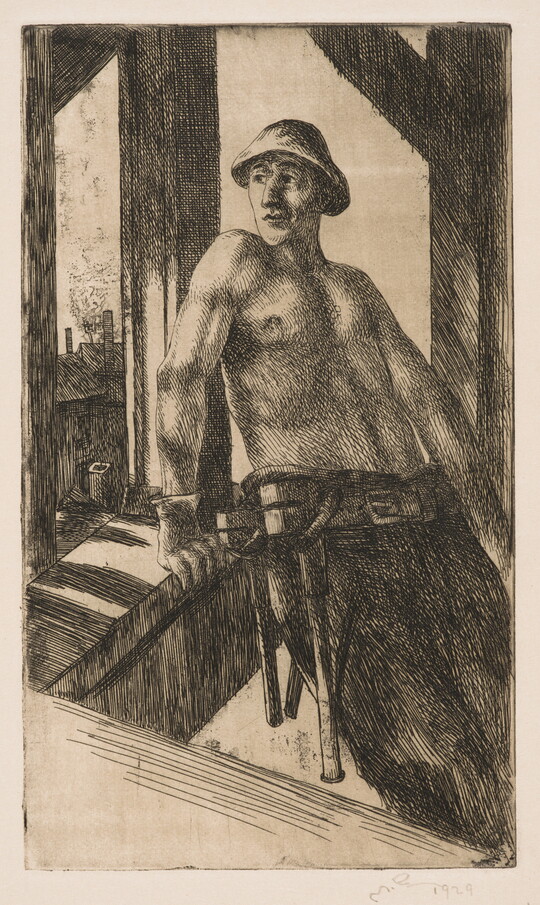 A black-and-white print of a shirtless White man wearing a construction helmet and belt leaning against iron beams.