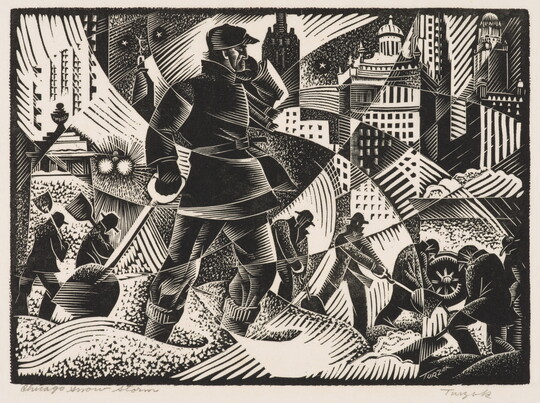 An abstract black-and-white geometric print of a cityscape with men shoveling in a snowstorm.