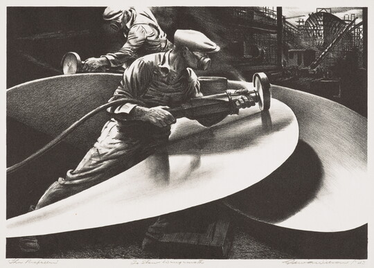 A black-and-white print of two men in a factory machine-polishing airplane propellers. 