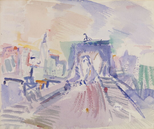 An abstract watercolor of the Brooklyn Bridge with the New York City skyline behind it.