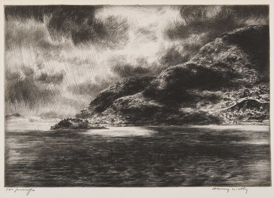 A black-and-white print in loose sketchy strokes of rain sweeping over water and a rocky shoreline.