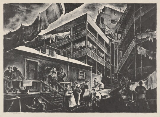 A black-and-white cityscape print of people talking and working in front of tenement housing with laundry hanging on lines between buildings.