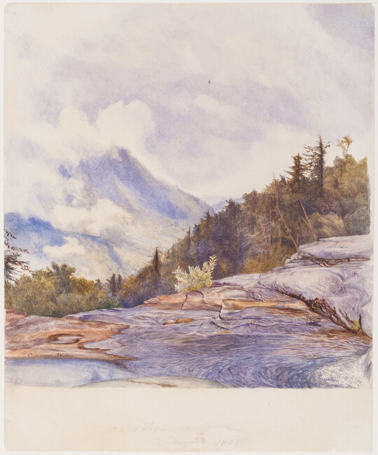 A watercolor landscape of a river, woods, and mountains on a cloudy day.